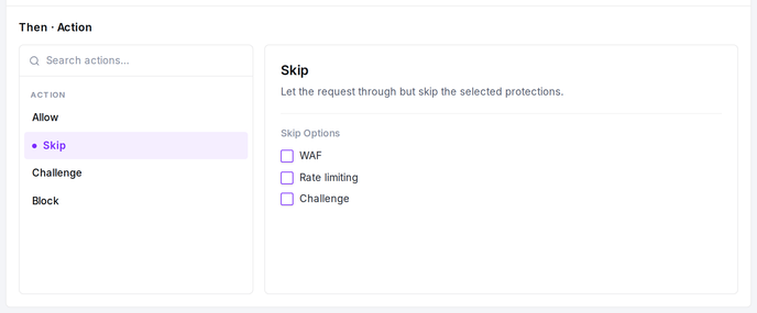 The action picker: choose Allow, Skip, Challenge or Block; Skip exposes the WAF, rate limiting and challenge bypass options.