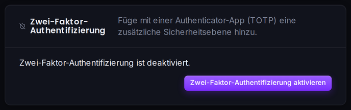 Die Karte „Zwei-Faktor-Authentifizierung“ auf der Konto-Seite.