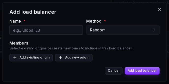 The Add load balancer form: name, method and the origins assigned as members with their weights.