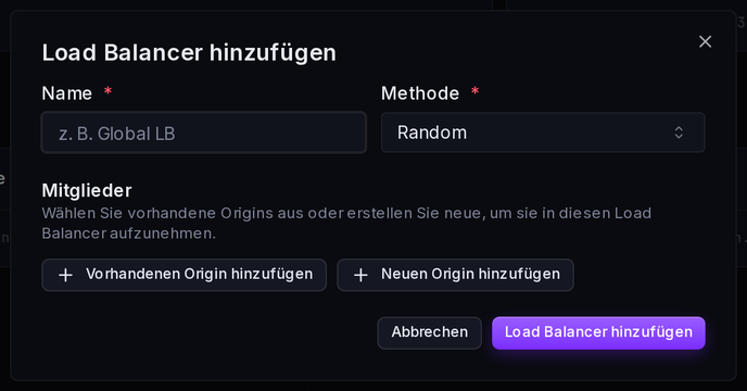 Das Formular „Load Balancer hinzufügen“: Name, Methode und die als Mitglieder zugewiesenen Origins mit ihren Gewichten.