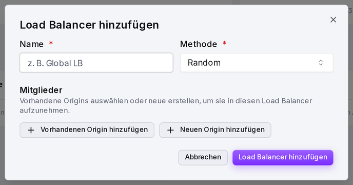 Das Formular „Load Balancer hinzufügen“: Name, Methode und die als Mitglieder zugewiesenen Origins mit ihren Gewichten.