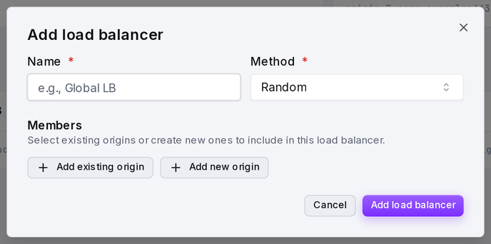 The Add load balancer form: name, method and the origins assigned as members with their weights.