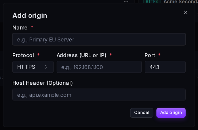 The Add origin form: name, protocol, address and port.
