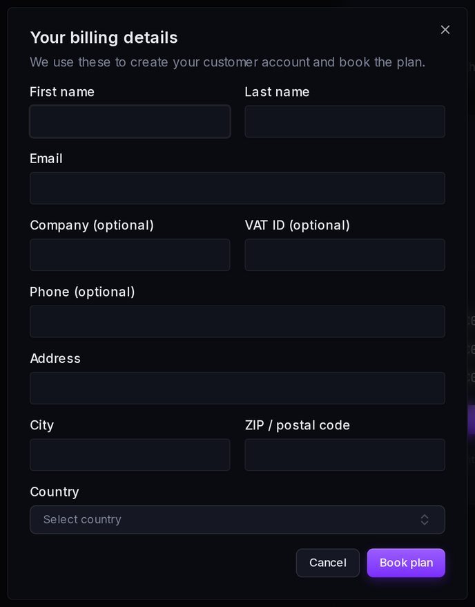 The billing details form opened by Book this plan: name, email, company, VAT ID, and billing address.