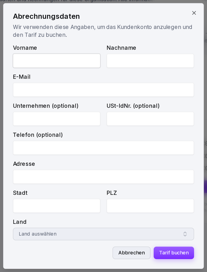Das über „Diesen Tarif buchen“ geöffnete Formular für Abrechnungsdaten: Name, E-Mail, Unternehmen, USt-IdNr. und Rechnungsadresse.