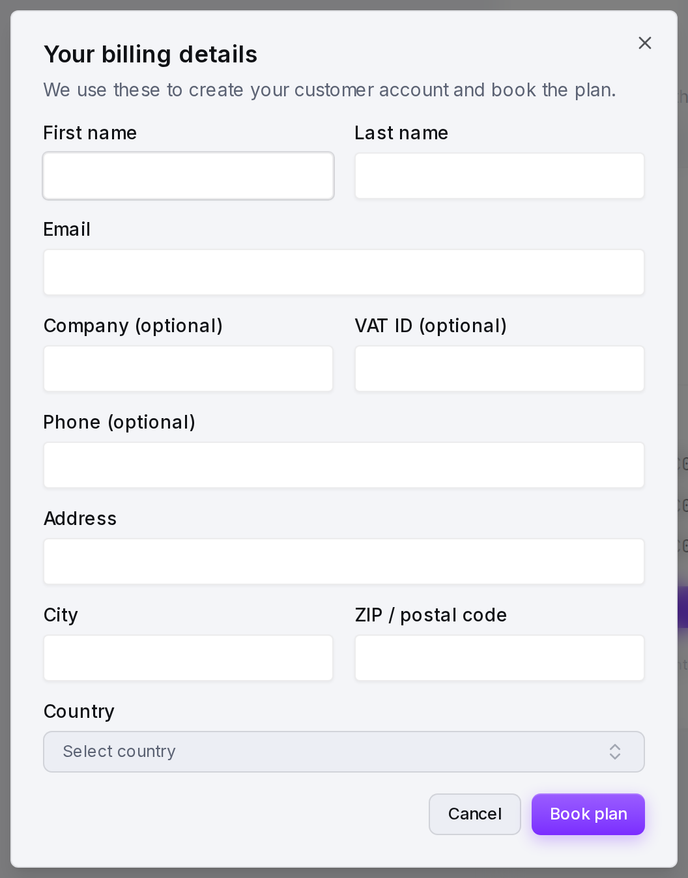 The billing details form opened by Book this plan: name, email, company, VAT ID, and billing address.