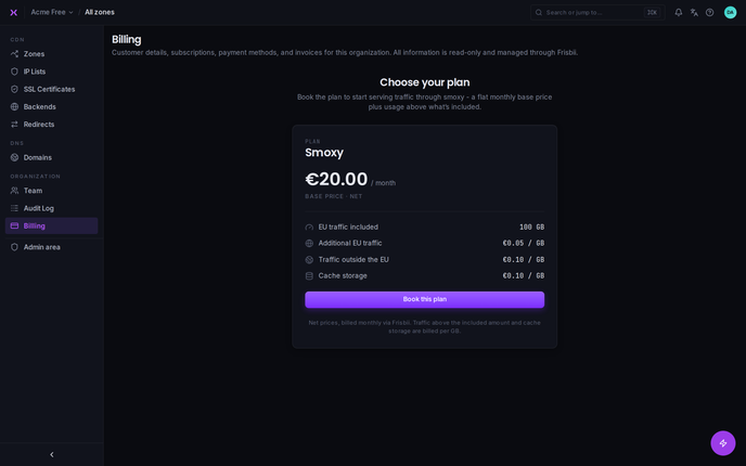 The organization billing page (read-only, managed via Frisbii).