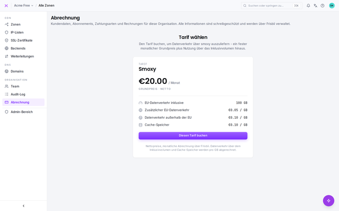 Die Abrechnungsseite auf Organisationsebene (schreibgeschützt, über Frisbii verwaltet).