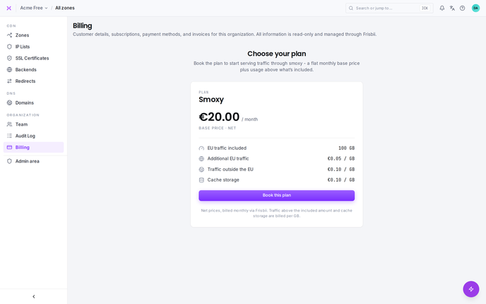 The organization billing page (read-only, managed via Frisbii).