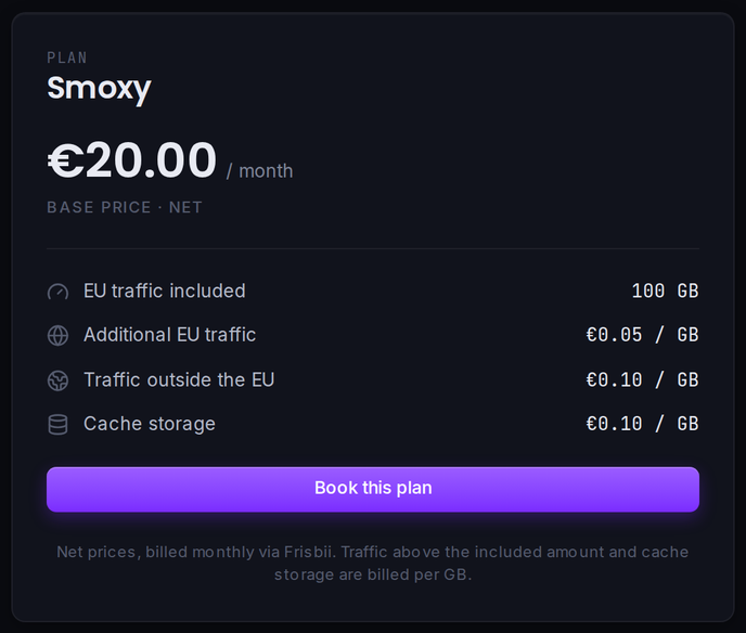 The plan card: base price plus the per-GB rates for traffic and cache storage.