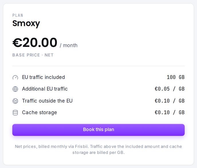The plan card: base price plus the per-GB rates for traffic and cache storage.