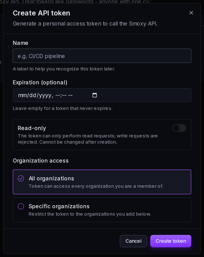 The Create API token form: name, optional expiration, read-only switch and organization access.