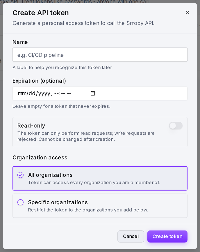 The Create API token form: name, optional expiration, read-only switch and organization access.