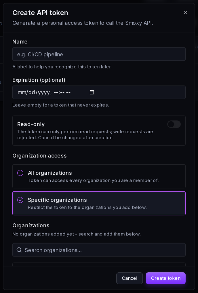 Restricting a token to specific organizations: search for and add each one.