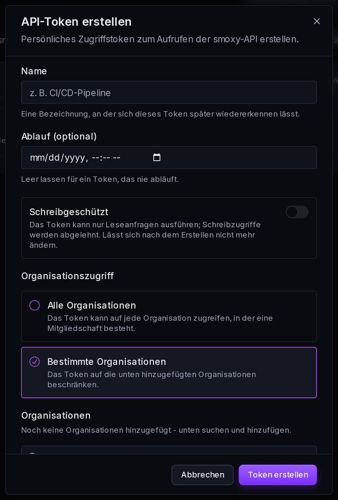 Beschränkung eines Tokens auf bestimmte Organisationen: jede einzeln suchen und hinzufügen.