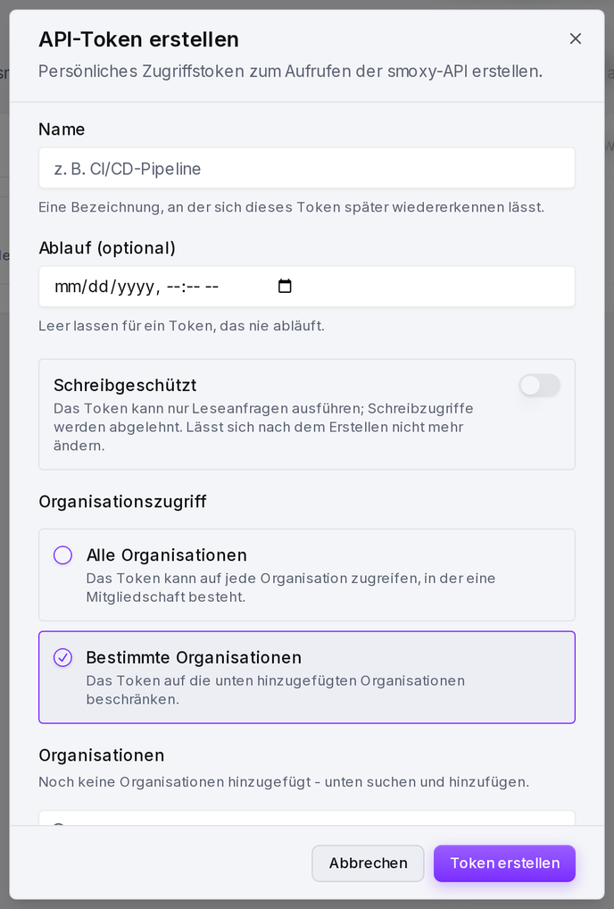 Beschränkung eines Tokens auf bestimmte Organisationen: jede einzeln suchen und hinzufügen.