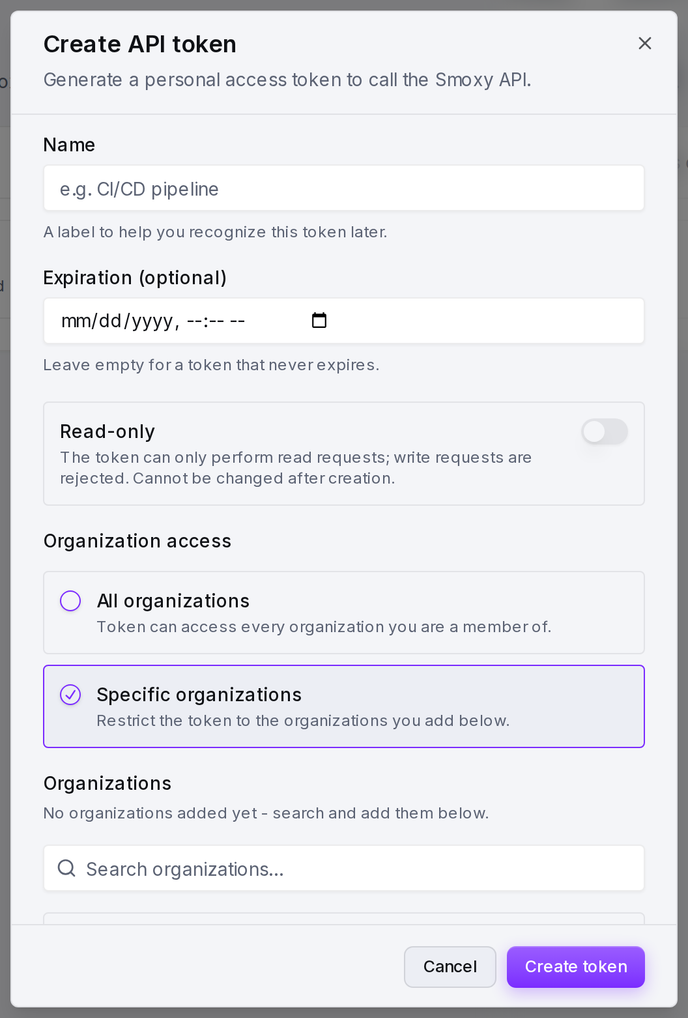 Restricting a token to specific organizations: search for and add each one.