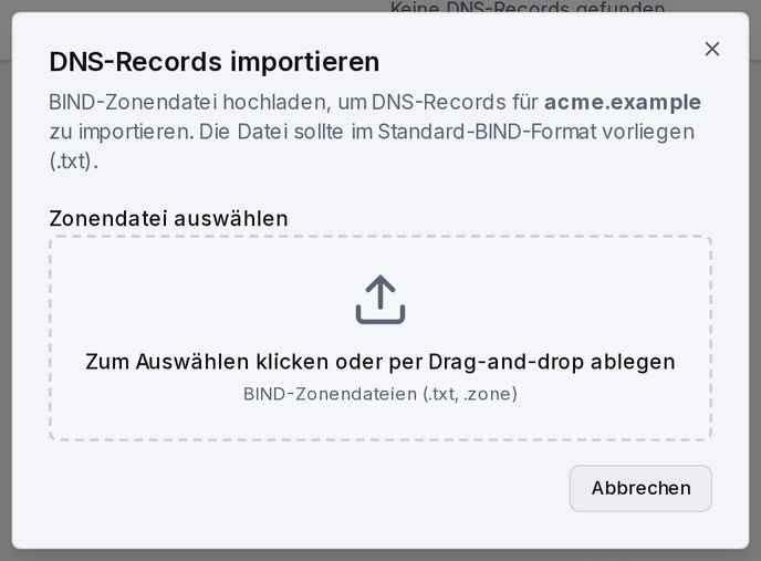 Der Dialog „DNS-Records importieren“: eine BIND-Zonendatei (.txt) per Drag-and-drop oder Auswahl hochladen.