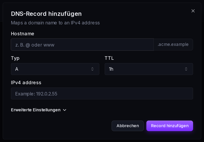 Das Formular „DNS-Record hinzufügen“: Hostname, Typ, TTL und Wert.