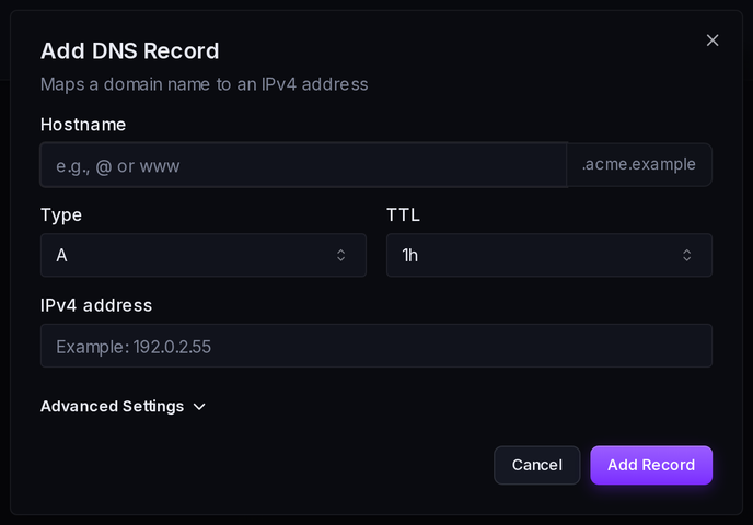 The Add DNS Record dialog: enter hostname, type, TTL and value for a new record.