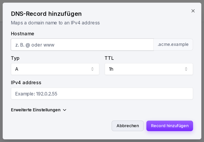 Das Dialogfeld „DNS-Record hinzufügen“: Hostname, Typ, TTL und Wert eines neuen Eintrags eingeben.