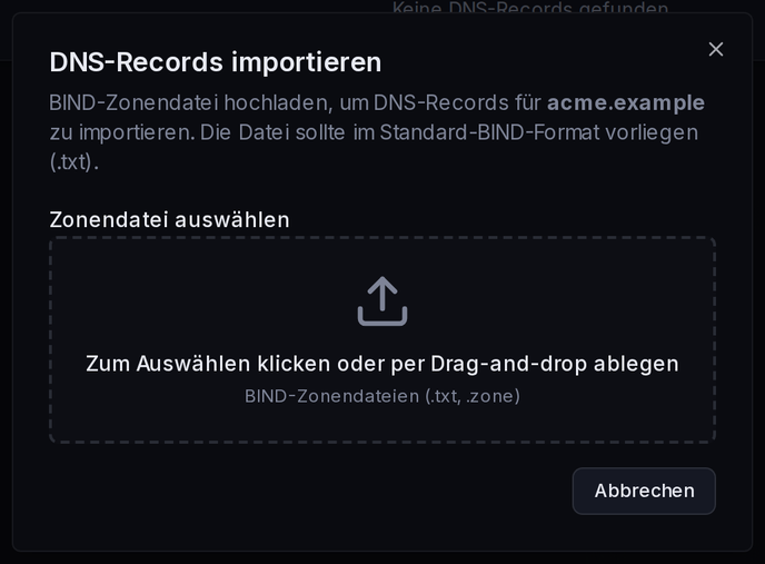 Das Dialogfeld „DNS-Records importieren“: eine BIND-Zonendatei hochladen, um Einträge gesammelt zu importieren.
