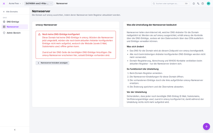Die Nameserver-Ansicht: die beiden smoxy-Nameserver, die beim Registrar zu hinterlegen sind.