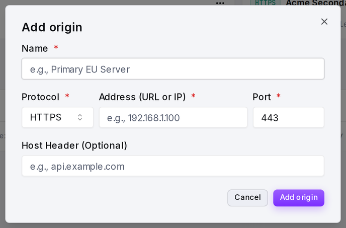 The Add origin form: name, protocol, address (URL or IP), port, and optional host header.