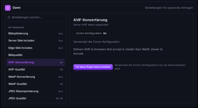 Der Dann-Einstellungs-Picker des Conditional-Rule-Editors, in dem die Einstellungen „AVIF-Konvertierung“ und „WebP-Konvertierung“ überschrieben und deaktiviert werden.