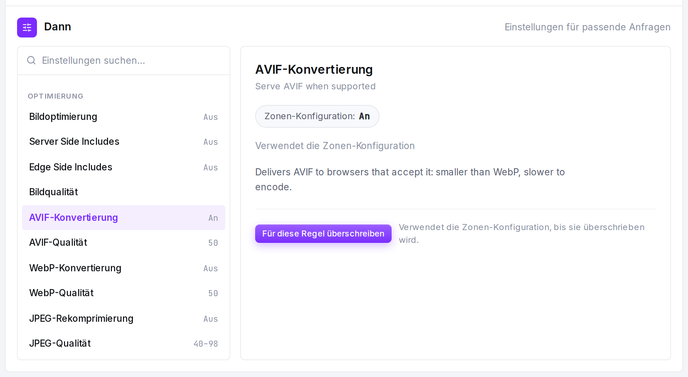 Der Dann-Einstellungs-Picker des Conditional-Rule-Editors, in dem die Einstellungen „AVIF-Konvertierung“ und „WebP-Konvertierung“ überschrieben und deaktiviert werden.