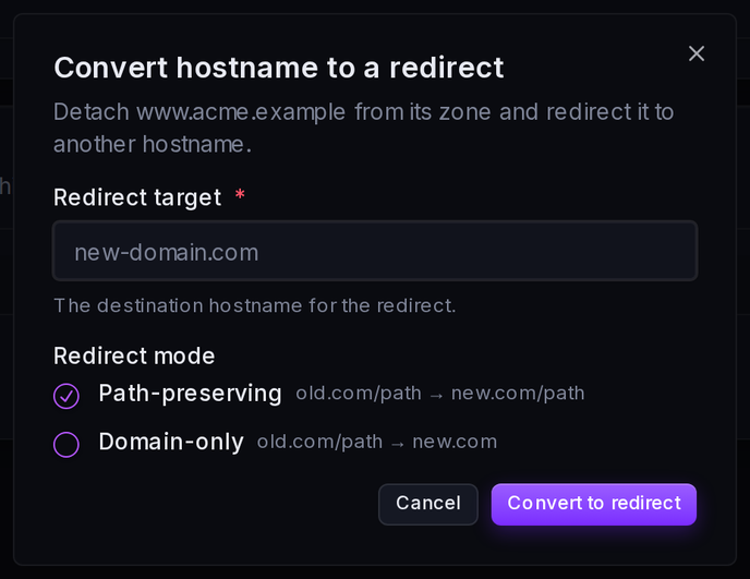 The Convert hostname to a redirect dialog: redirect target and redirect mode.