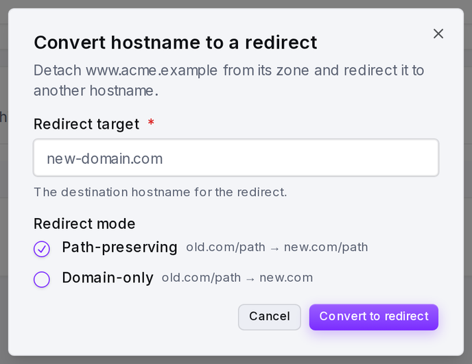 The Convert hostname to a redirect dialog: redirect target and redirect mode.