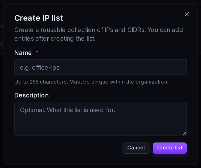The Create IP list form: a name and an optional description.