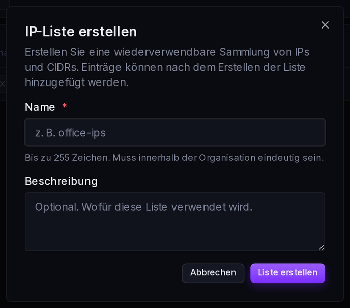 Das Formular „IP-Liste erstellen“: ein Name und eine optionale Beschreibung.