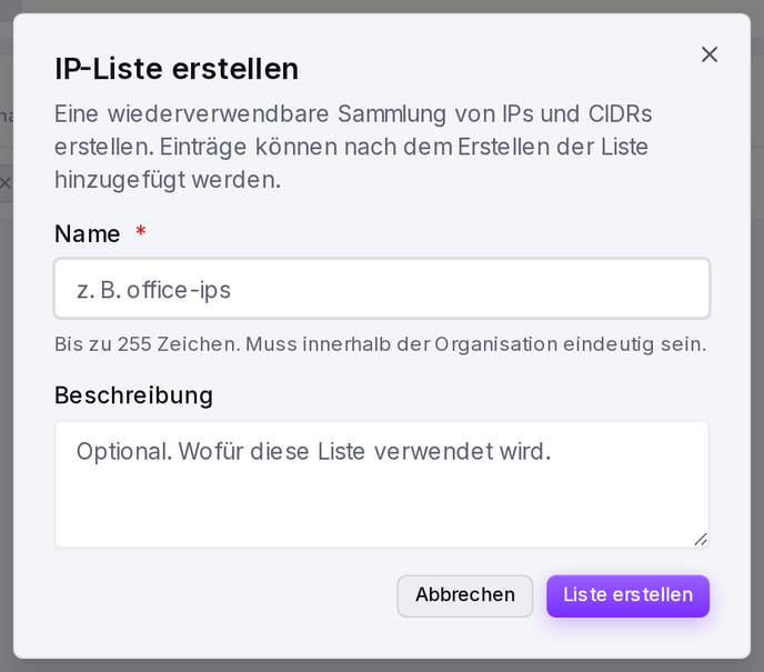 Das Formular „IP-Liste erstellen“: ein Name und eine optionale Beschreibung.