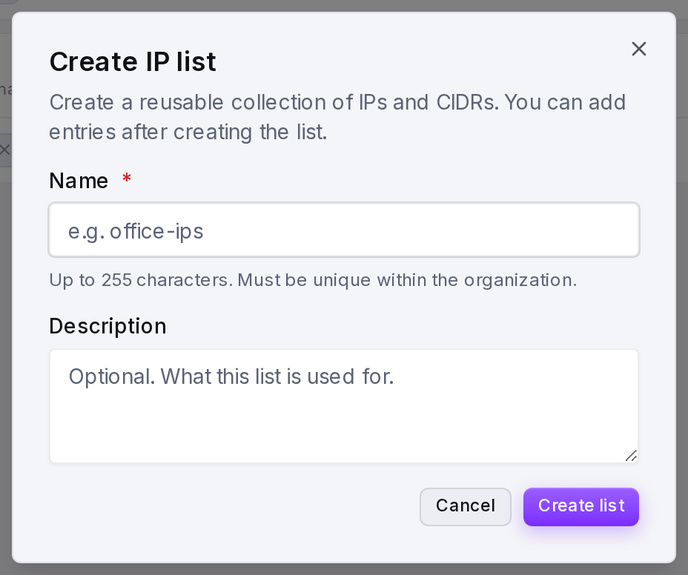 The Create IP list form: a name and an optional description.