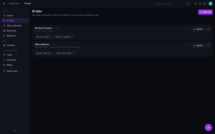 IP Lists: named IP lists reused across rules.