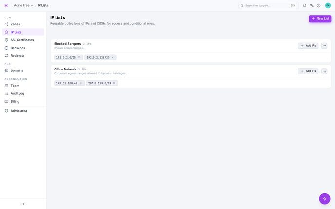 IP Lists: named IP lists reused across rules.