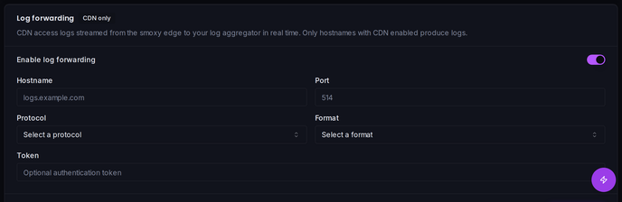 The Log forwarding settings on the Proxy page: receiver hostname, port, protocol, format and token.