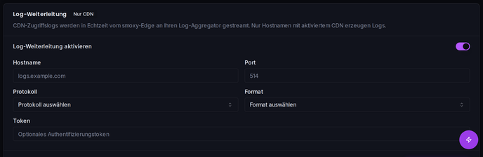 Die Einstellungen zur Log-Weiterleitung auf der Proxy-Seite: Empfänger-Hostname, Port, Protokoll, Format und Token.