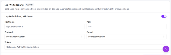 Die Einstellungen zur Log-Weiterleitung auf der Proxy-Seite: Empfänger-Hostname, Port, Protokoll, Format und Token.
