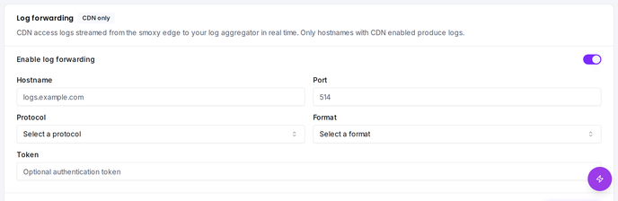 The Log forwarding settings on the Proxy page: receiver hostname, port, protocol, format and token.