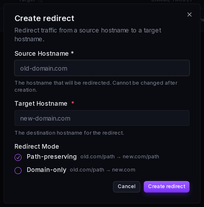 The New Redirect form: source hostname, target hostname and redirect mode.