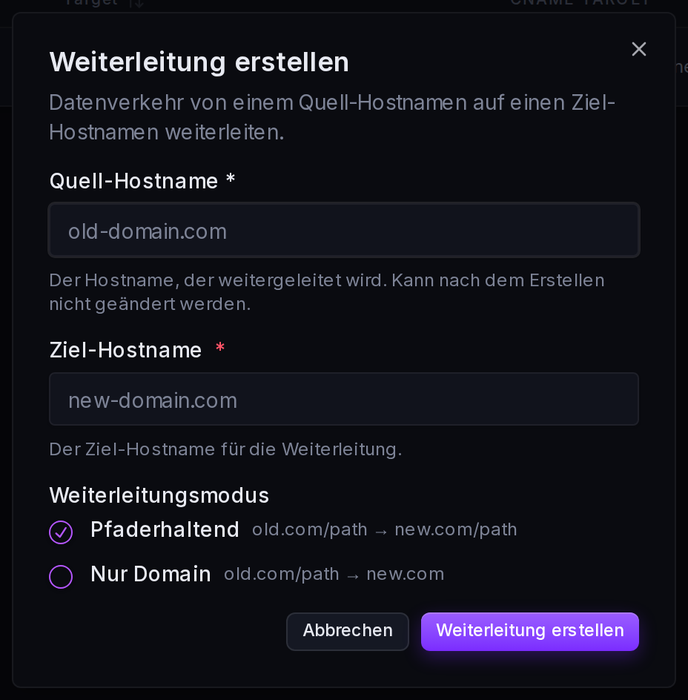 Das Formular „Neue Weiterleitung“: Quell-Hostname, Ziel-Hostname und Redirect-Modus.