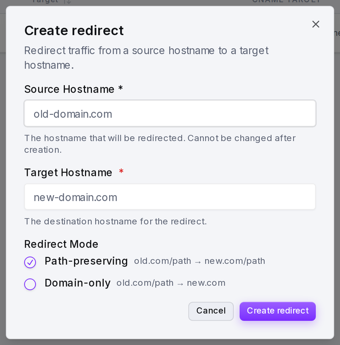 The New Redirect form: source hostname, target hostname and redirect mode.