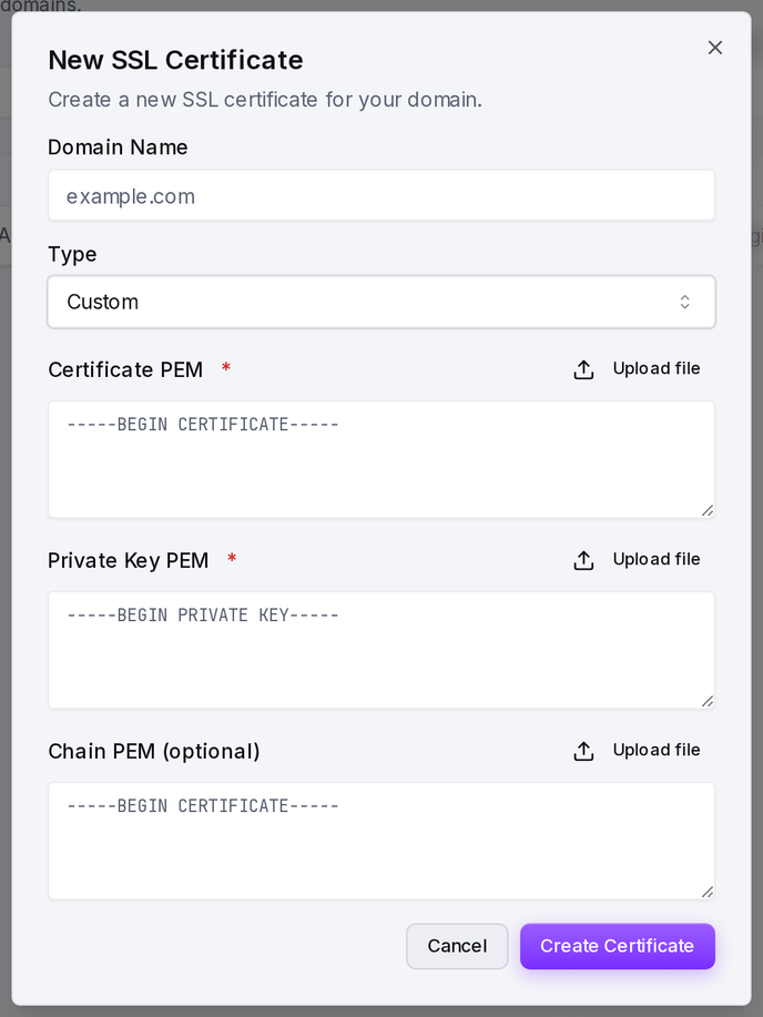 The New SSL Certificate dialog with the type set to Custom: paste or upload the certificate, private key and chain.