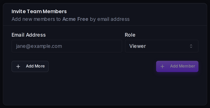 The invite form: add members by email address and assign a role.