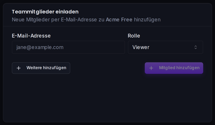 Das Einladungsformular: Mitglieder per E-Mail-Adresse hinzufügen und eine Rolle zuweisen.
