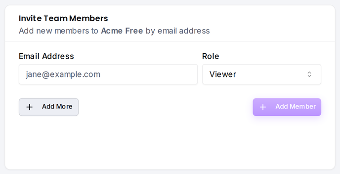 The invite form: add members by email address and assign a role.
