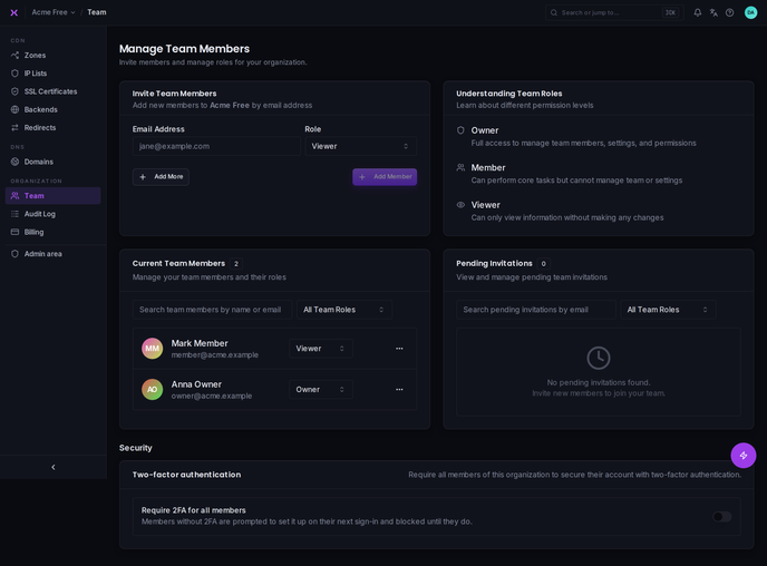 Team management: members, pending invitations, roles, and the 2FA requirement.